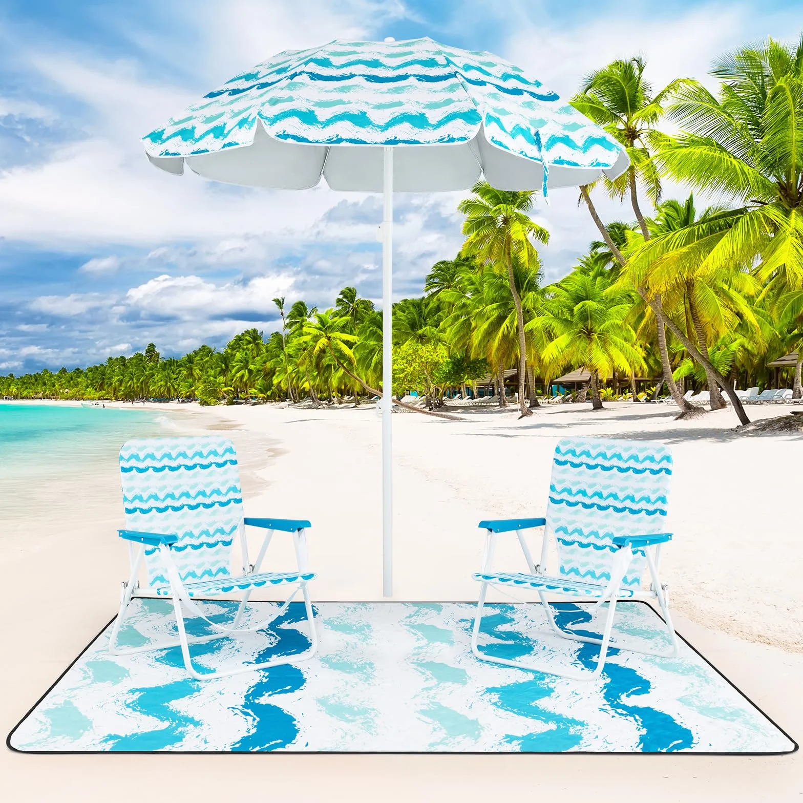 COSTWAY Set da Spiaggia di 4 Pezzi con Ombrellone, 2 Sedie Pieghevoli, Coperta da Picnic, Parasole Portatile per Esterni con Meccanismo di Inclinazione, Portabicchieri, Braccioli