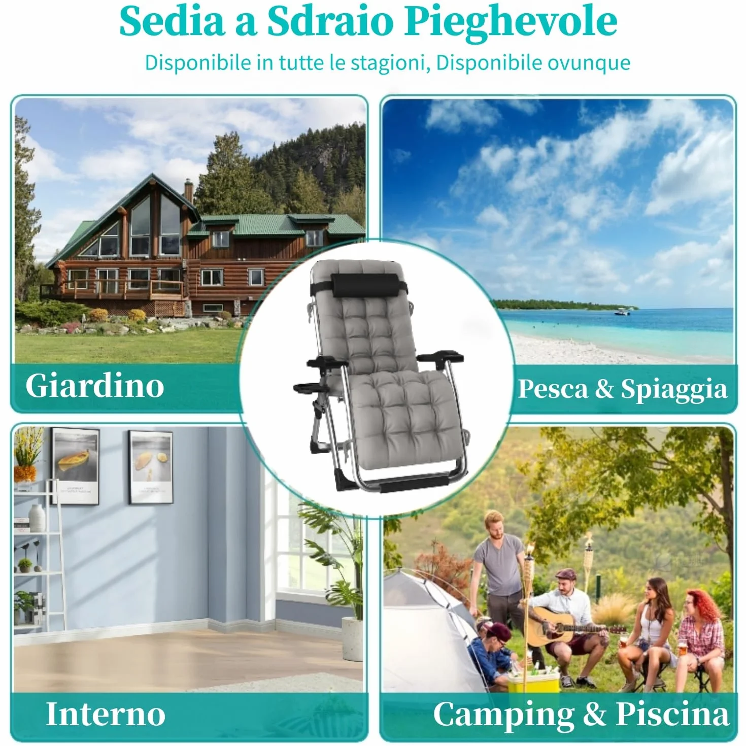 Sedia Sdraio Pieghevole Esterno 65cm con Portabicchieri e Copertina, Traspirante Leggero, Alluminio Tubo 40mm Portata 240KG, Sdraio Imbottita Giardino Reclinabile per Terrazzo, Piscina, Mare, Balcone