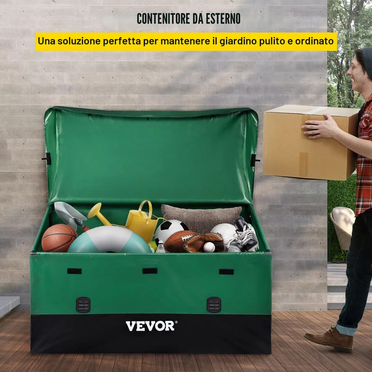 VEVOR Scatola per Stoccaggio da Esterno in PE Impermeabile 660L con Coperchio Manici Laterali, Baule da Giardino
