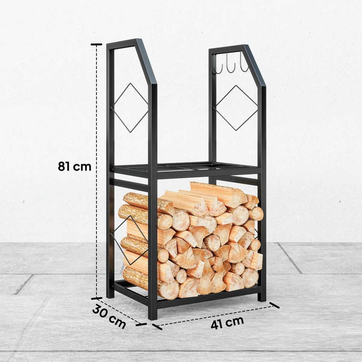 Outsunny Porta Legna in Metallo 2 Livelli 3 Ganci 100kg 41x30x81 cm Nero