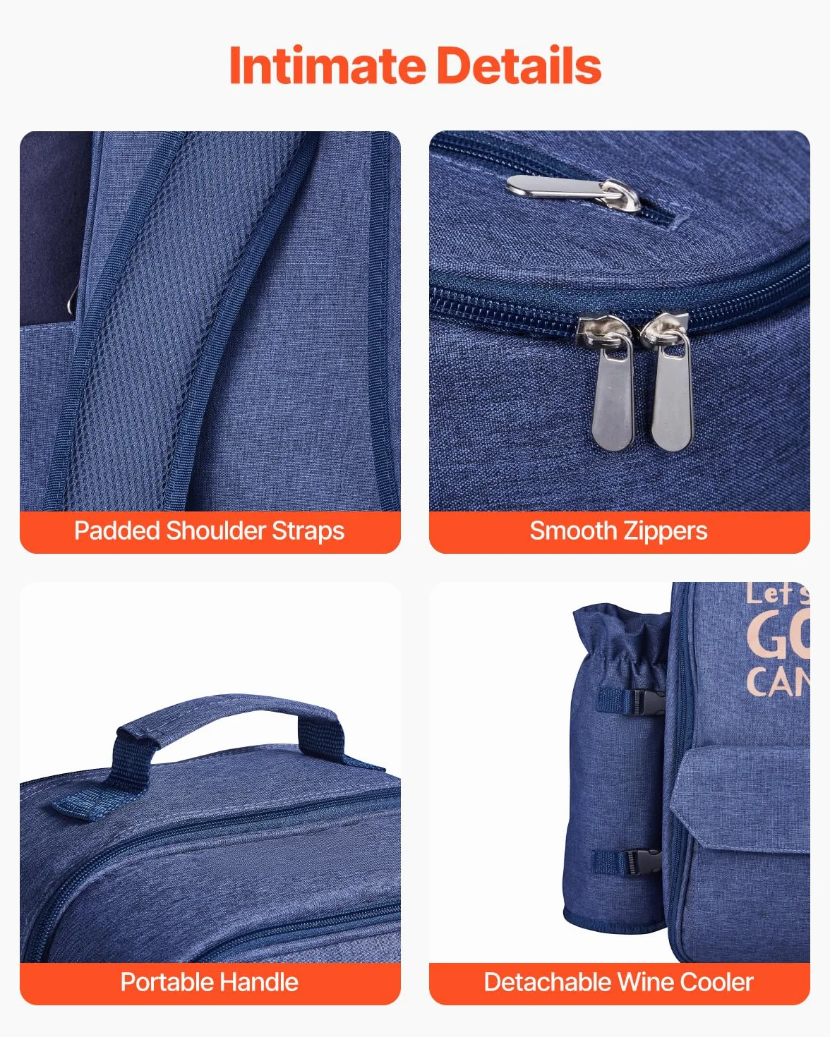 VEVOR Zaino da Picnic per 4 Persone, Capacità di 20 L Borsa da Picnic da Spiaggia con Portabottiglie Vino Staccabile, Coperta Leggera, Piatti e Sei di Posate per Esterni, Blu Marino