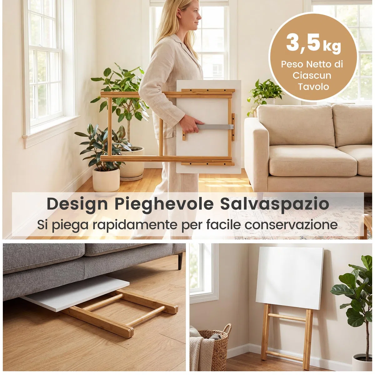 COSTWAY Set di 2 Tavolini Pieghevoli Laterale, Tavolino Portatile da Salotto Salvaspazio, Tavolo Laterale in Bambù, per Soggiorno Patio Terazza, Portata 20 kg, Senza Montare
