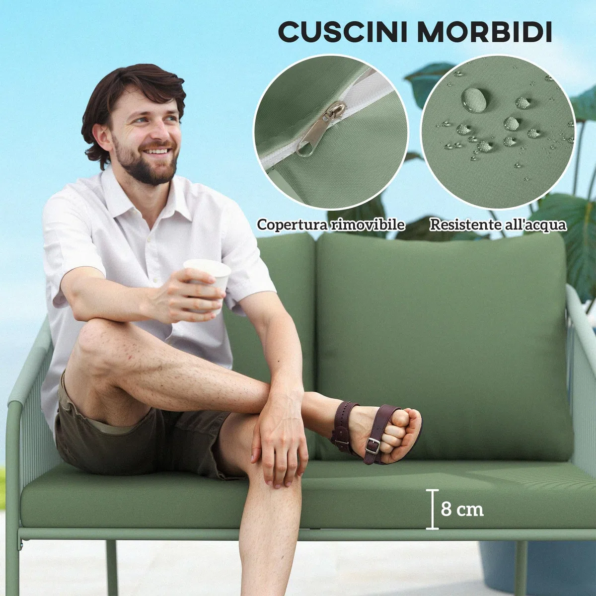 Outsunny Divano da Giardino 2 Posti in Rattan PE, Divanetto da Esterno in Stile Boho con Cuscini Sfoderabili, Braccioli e Telaio in Acciaio, Divano da Esterno, per Terrazza e Cortile, Verde
