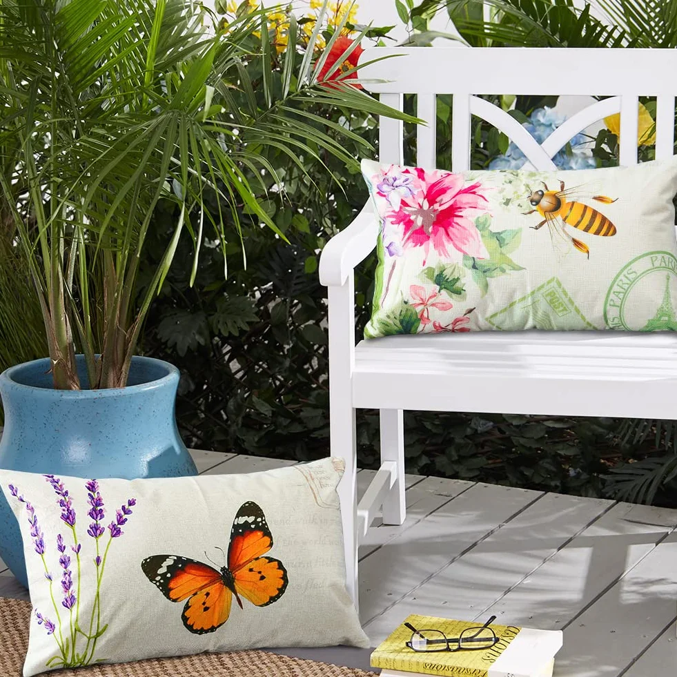 Artscope, confezione da 4 federe per cuscini impermeabili da 30x51 cm, decorative, per primavera, per esterni, patio, giardino, soggiorno, divano, decorazione rustica (insetti e piante)