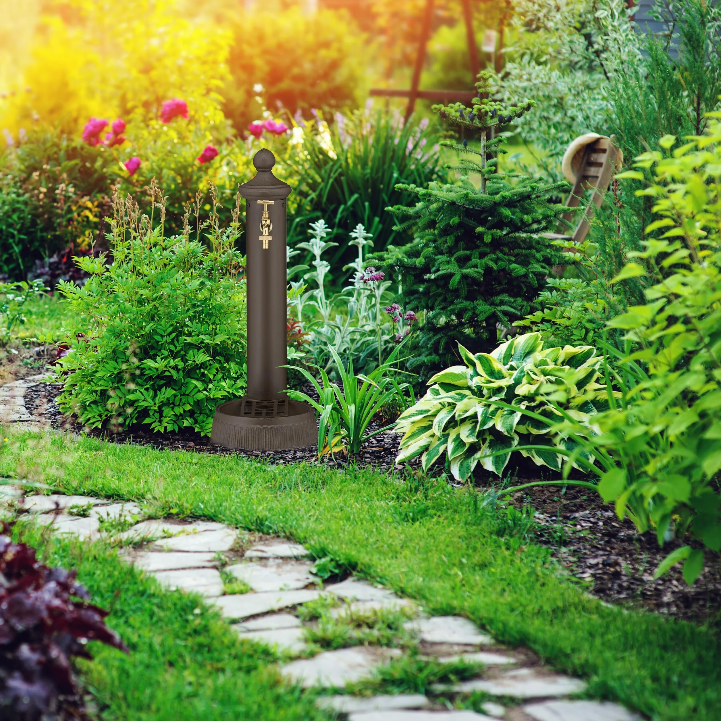 Relaxdays Fontana da Giardino in Stile Antico, Fontanella a Colonna con Rubinetto e Vaschetta, HLP: 65x25x30 cm, Marrone