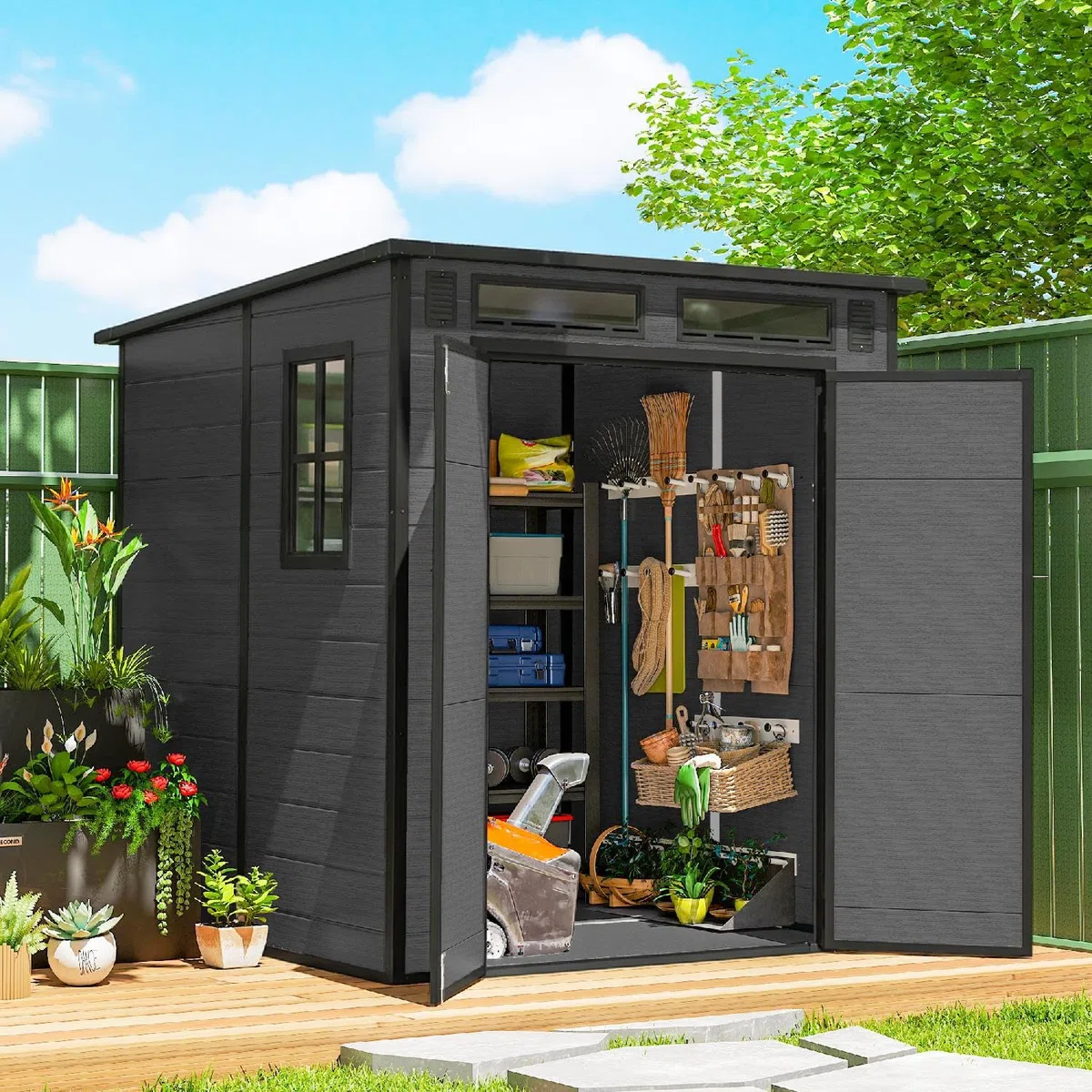 Casetta da Giardino con 2 Ante, in Pp e Alluminio, 182x182x196 cm, Grigio Scuro