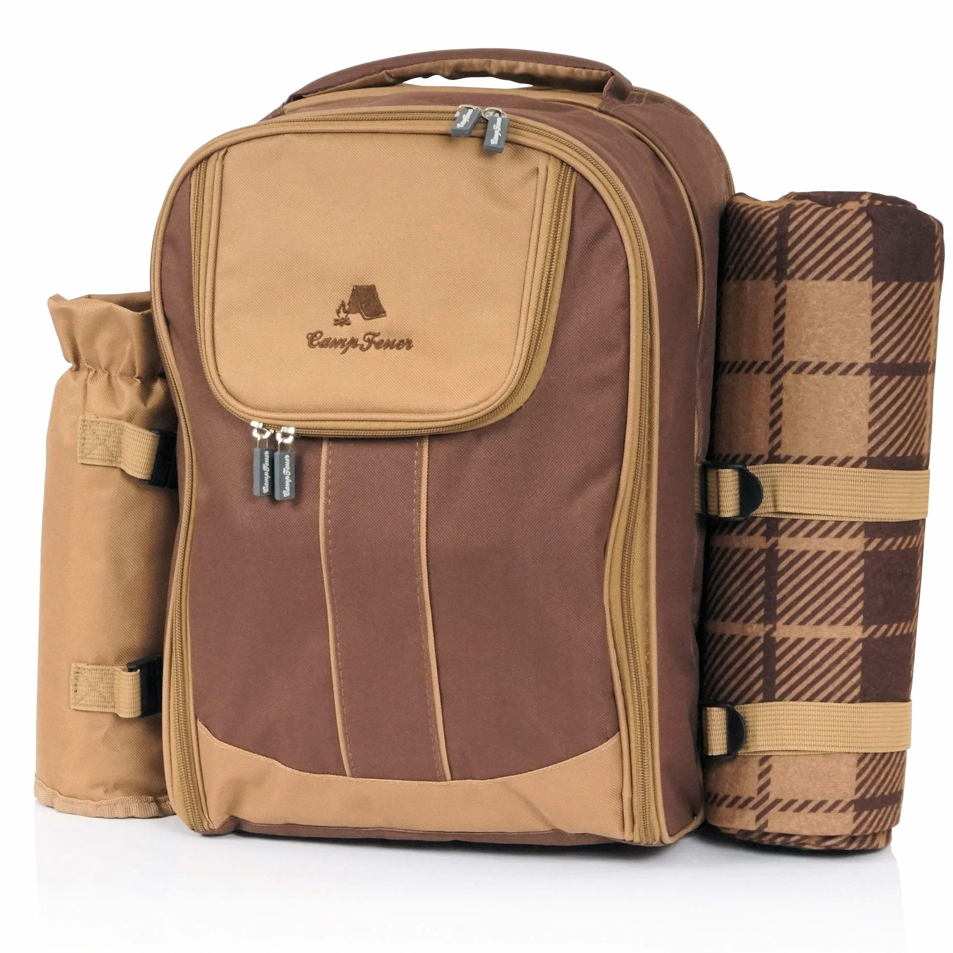 CampFeuer Zaino da picnic per 4 persone 32 pezzi marrone con portabottiglie e coperta in pile