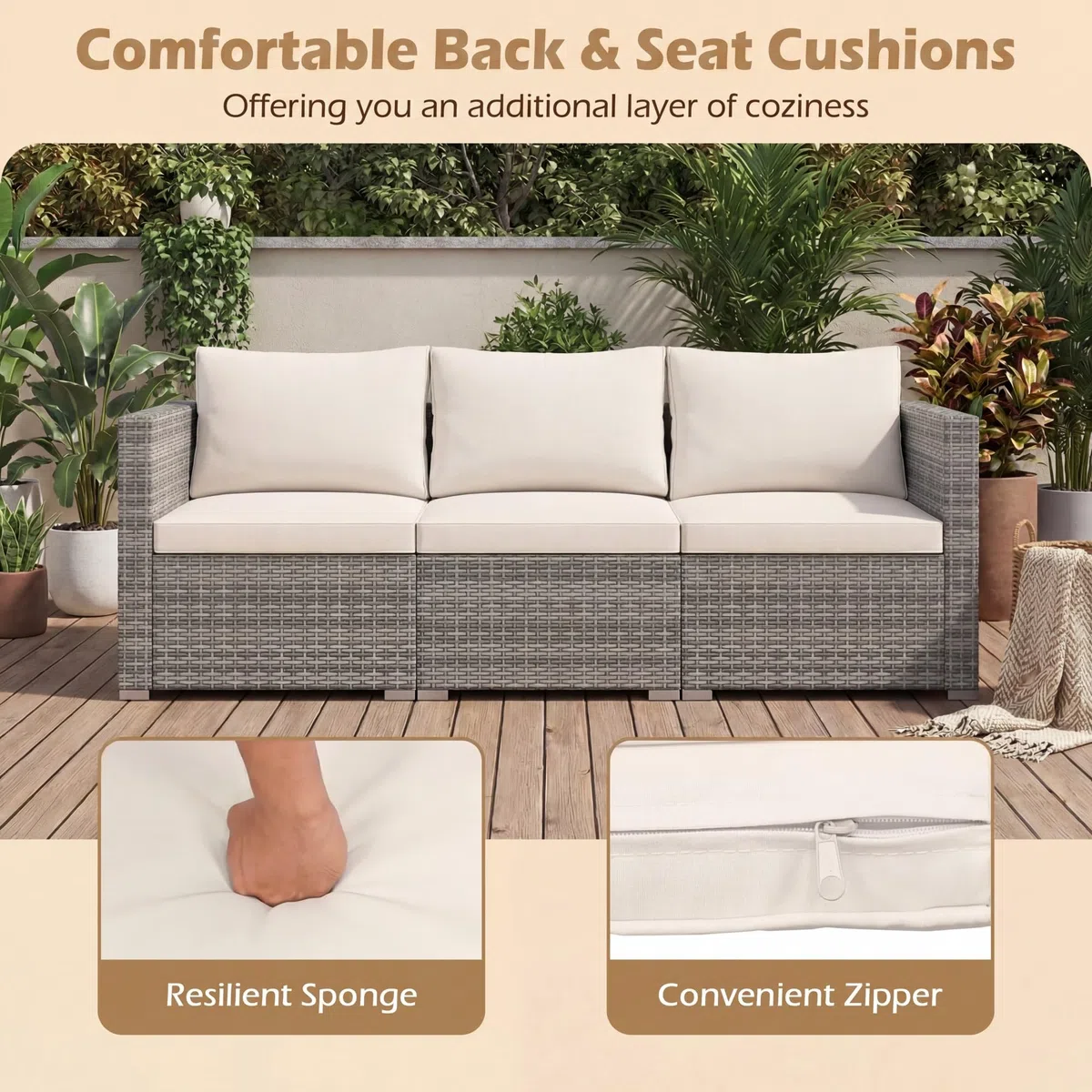 GIANTEX Divano da Giardino a 3 Posti in Rattan con Cuscino Imbottito, Mobili per Terrazza e Balcone, Colore Beige/Grigio, 193 x 67 x 61,5 cm (Beige)