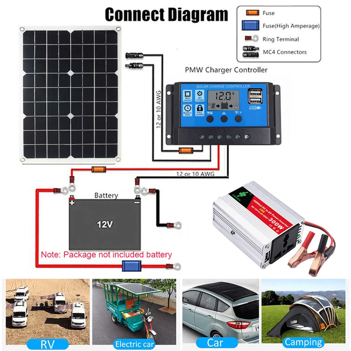 Kit pannello solare - Generatore solare 300W con prese 220V AC - per RV Off Grid con batteria e inverter, regolatore di carica 30A, inverter.