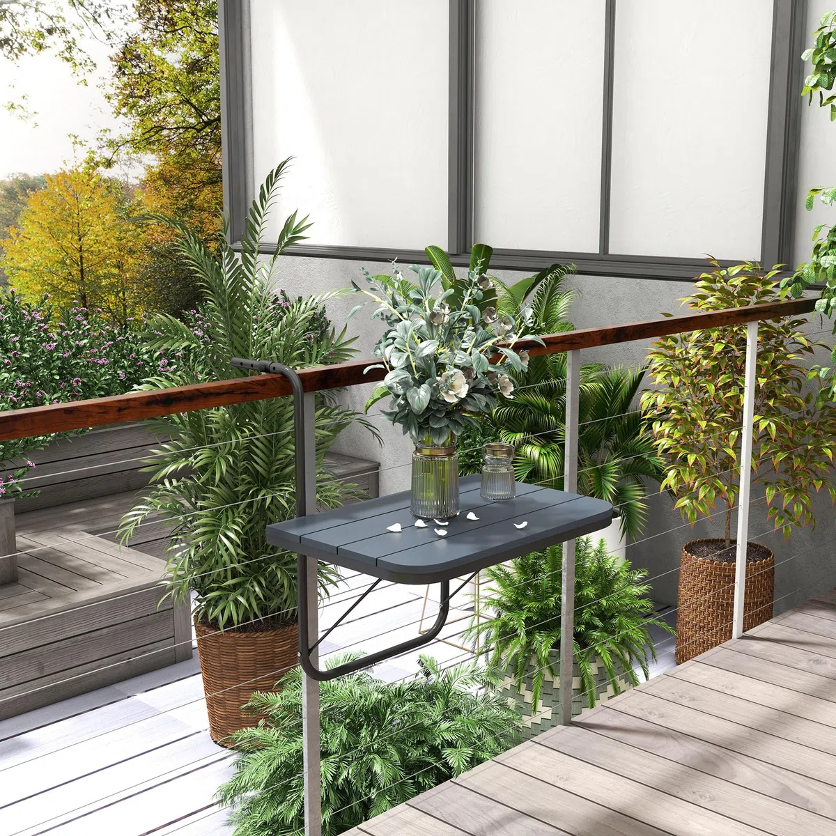 Outsunny Tavolino da Balcone Pieghevole Regolabile, Alluminio Composito Plastico Effetto Legno, Nero