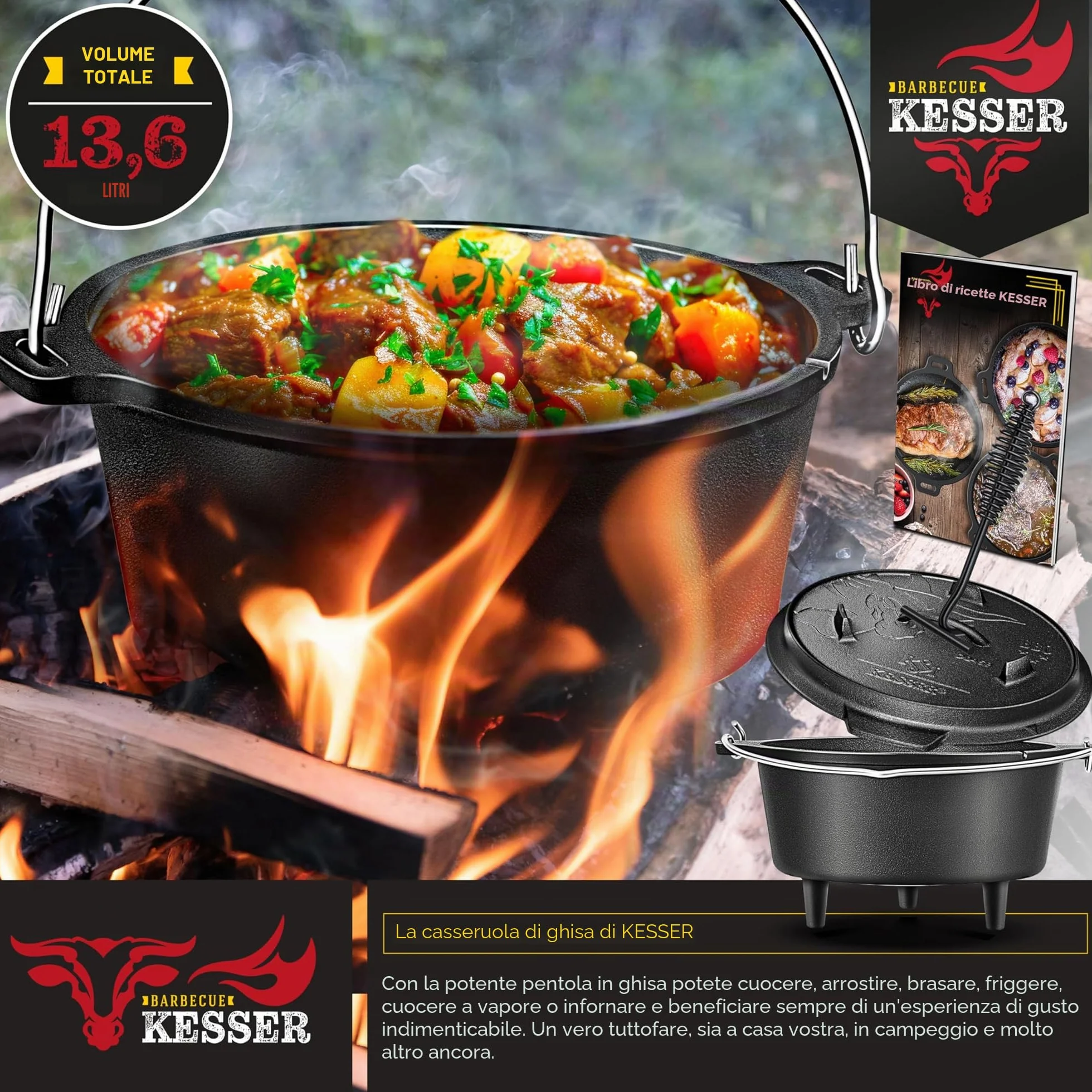 KESSER® Set forno olandese, Casseruola per barbecue, pentola in ghisa con manico per sollevare il coperchio e fessura per termometro, per barbecue, pentola per gulasch, uso esterno e interno