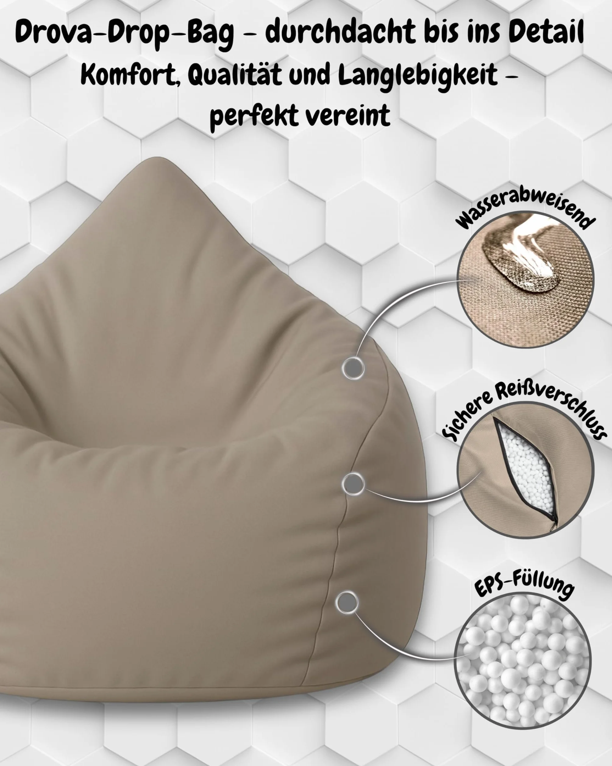 PATCH HOME Pouf a forma di goccia Beige 480 litri imbottitura polistirolo 25 colori 3 misure