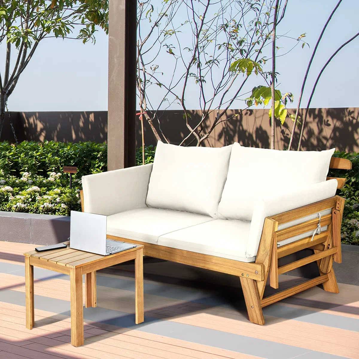 GIANTEX Divano Esterno da Giardino 2 Posti con Cuscino，Set da Giardino in Legno Certificato FSC®，Sdraio da Giardino Pieghevole da 2 Persone,153/194 x 72 x 76 cm，Beige/Grigio