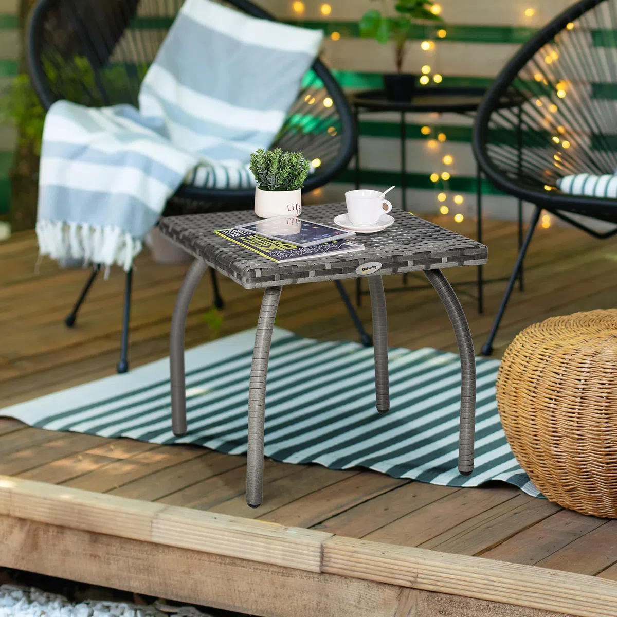 Outsunny Tavolino in Rattan Sintetico da Esterno, Giardino, Terrazzo Impermeabile Grigio 45x45x44cm