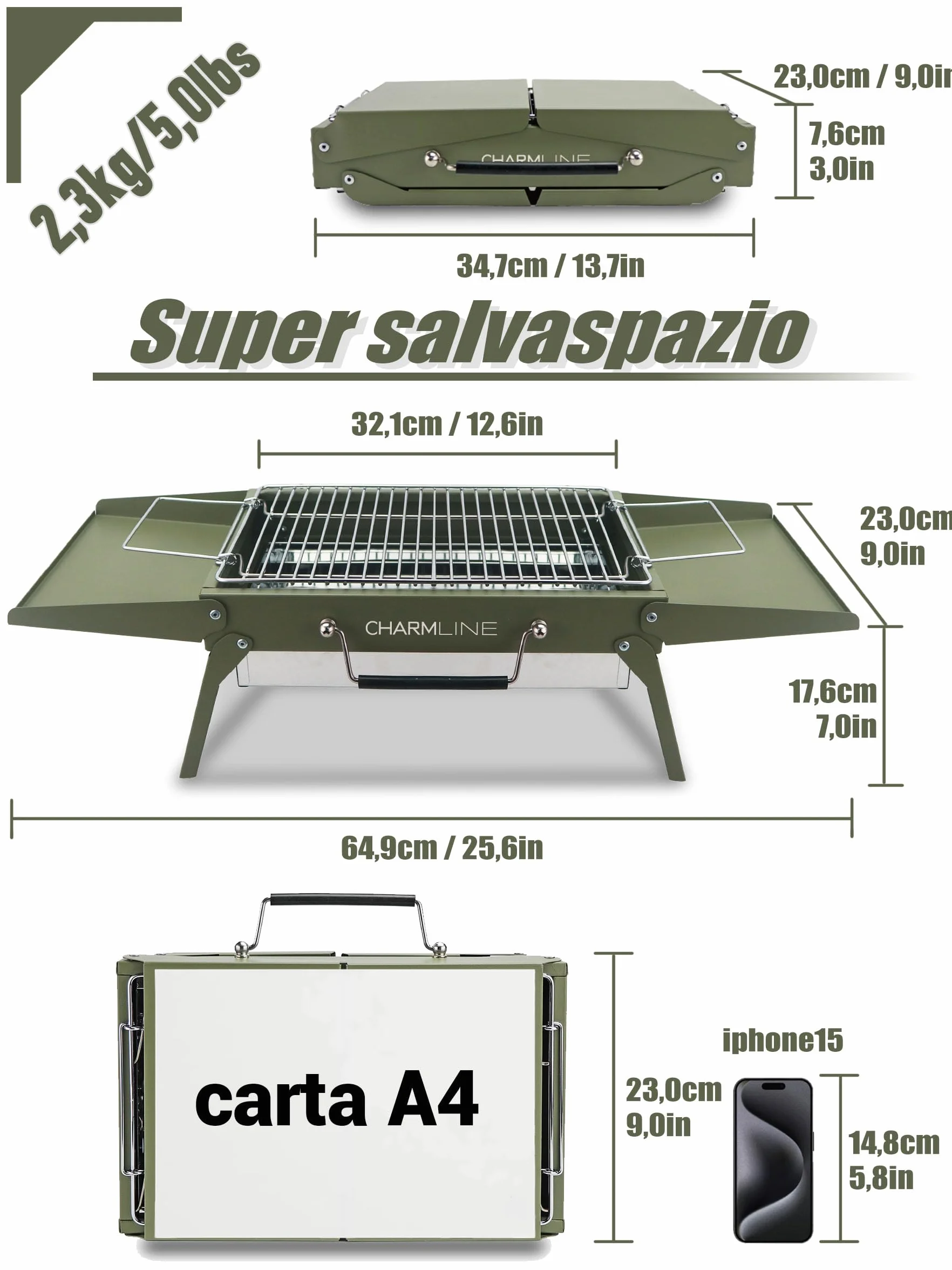 Charmline Griglia a Carbone Portatile Pieghevole 34x23 cm, BBQ Compatta per Campeggio Picnic Giardino
