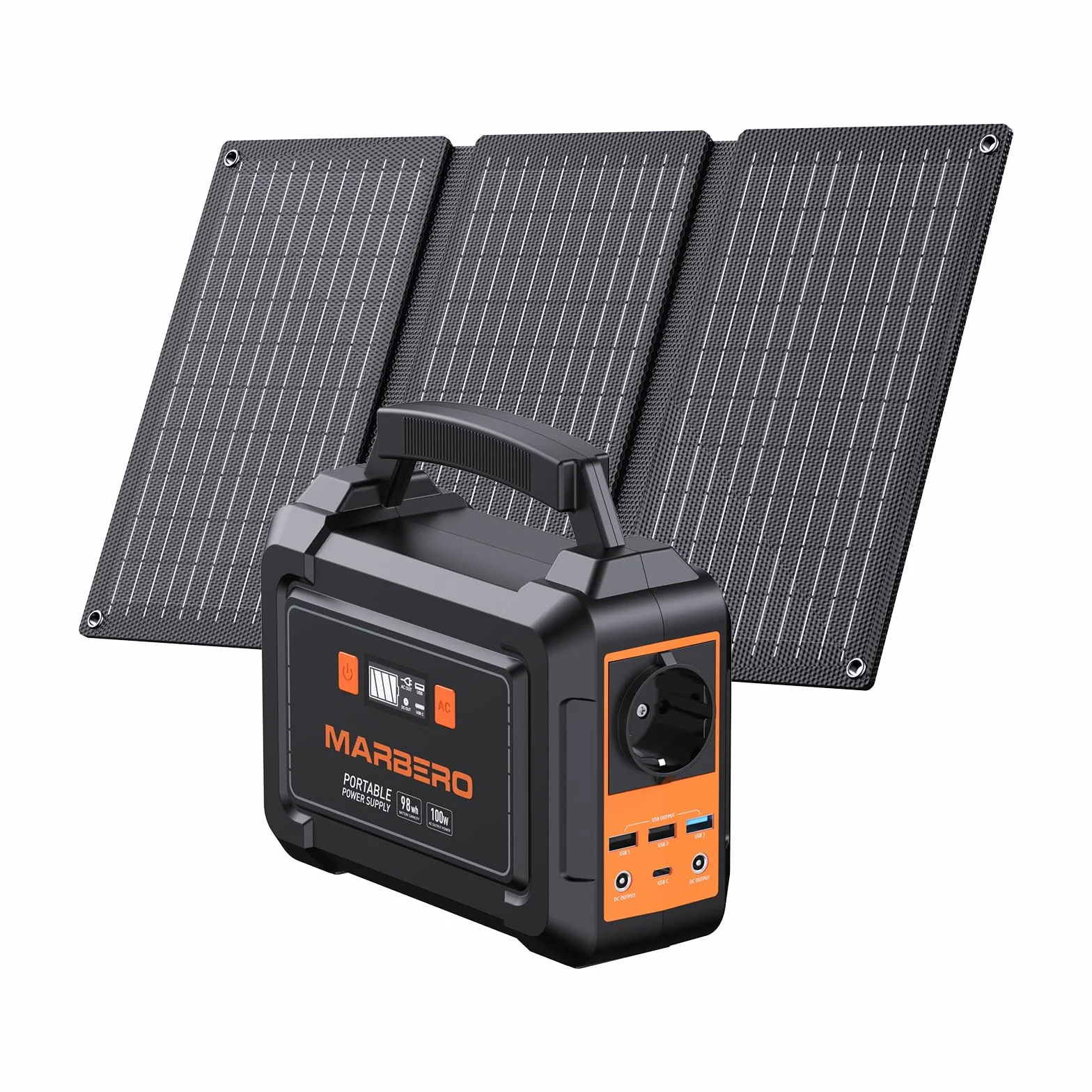 MARBERO Centrale Elettrica Portatile 26,400mAh con Pannello Solare Pieghevole da 30W Power Station 150W con Uscite DC per Strada, Avventura, Campeggio, Casa, Interruzione di Corrente