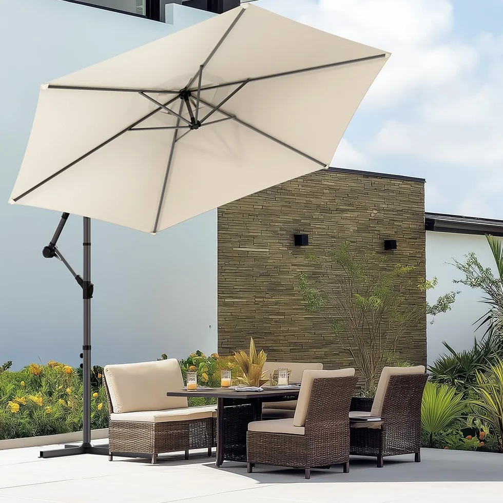 VOUNOT Ombrellone da Giardino Diametro 3M Decentrato Parasole Base a Croce Protezione UV Beige