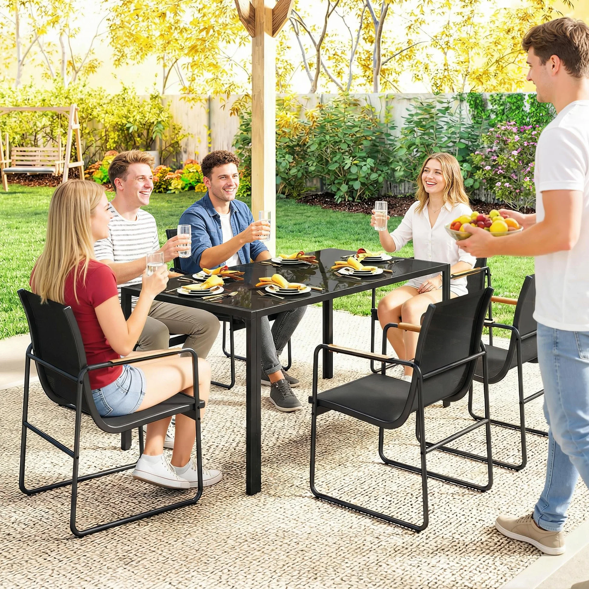 Outsunny Set Tavolo e Sedie da Giardino 7 Pezzi, Pranzo Esterno con Tavolo in Vetro Temperato, Sedie Texteline Traspirante, Acciaio, Nero