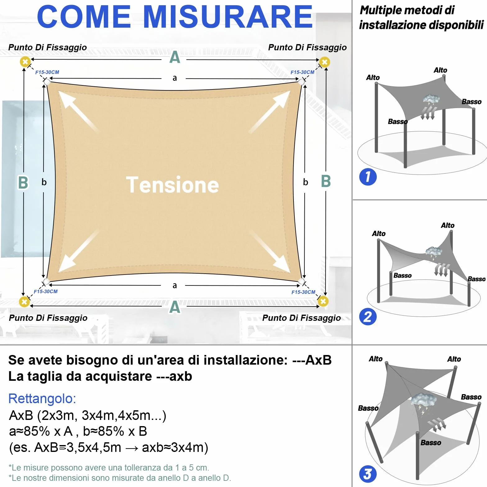 Tenda a Vela Impermeabile 3x4m Rettangolare Protezione UV 95% Giardino Terrazza Patio Sabbia