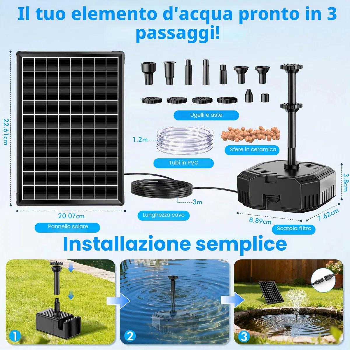 Pompa solare per laghetto 6 W con batteria 10 ugelli 500 l silenziosa fontana da giardino
