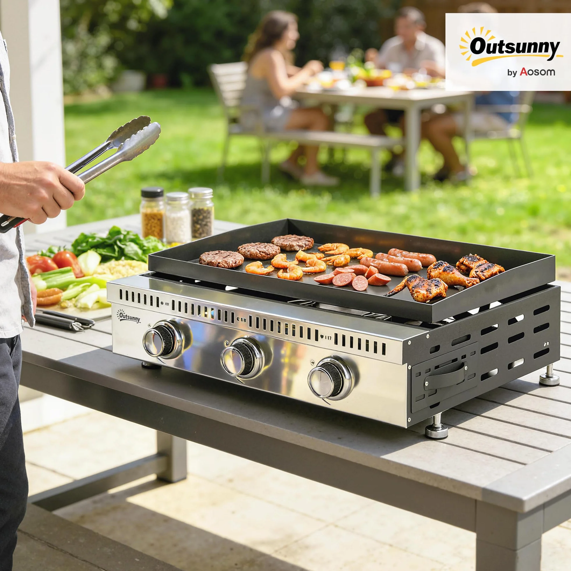 Outsunny Barbecue a Gas Portatile 3 Bruciatori 9 KW Acciaio Inox, Griglia BBQ da Tavolo con Vaschetta Raccogli Grasso, Regolatore, Nero