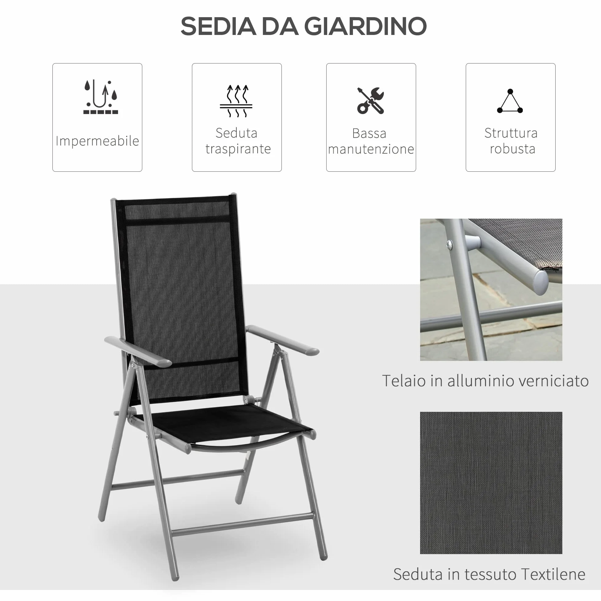 Outsunny Sedia da Giardino Pieghevole Alluminio Texteline Schienale Regolabile 7 Livelli Nero 65x55x85-105cm