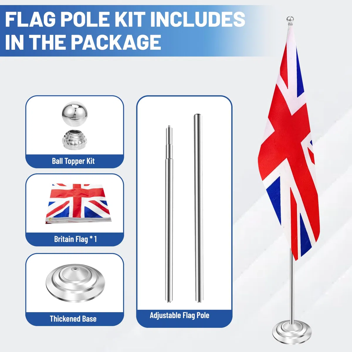 Kit asta bandiera da interni in acciaio inox, altezza 200-252 cm, base ponderata