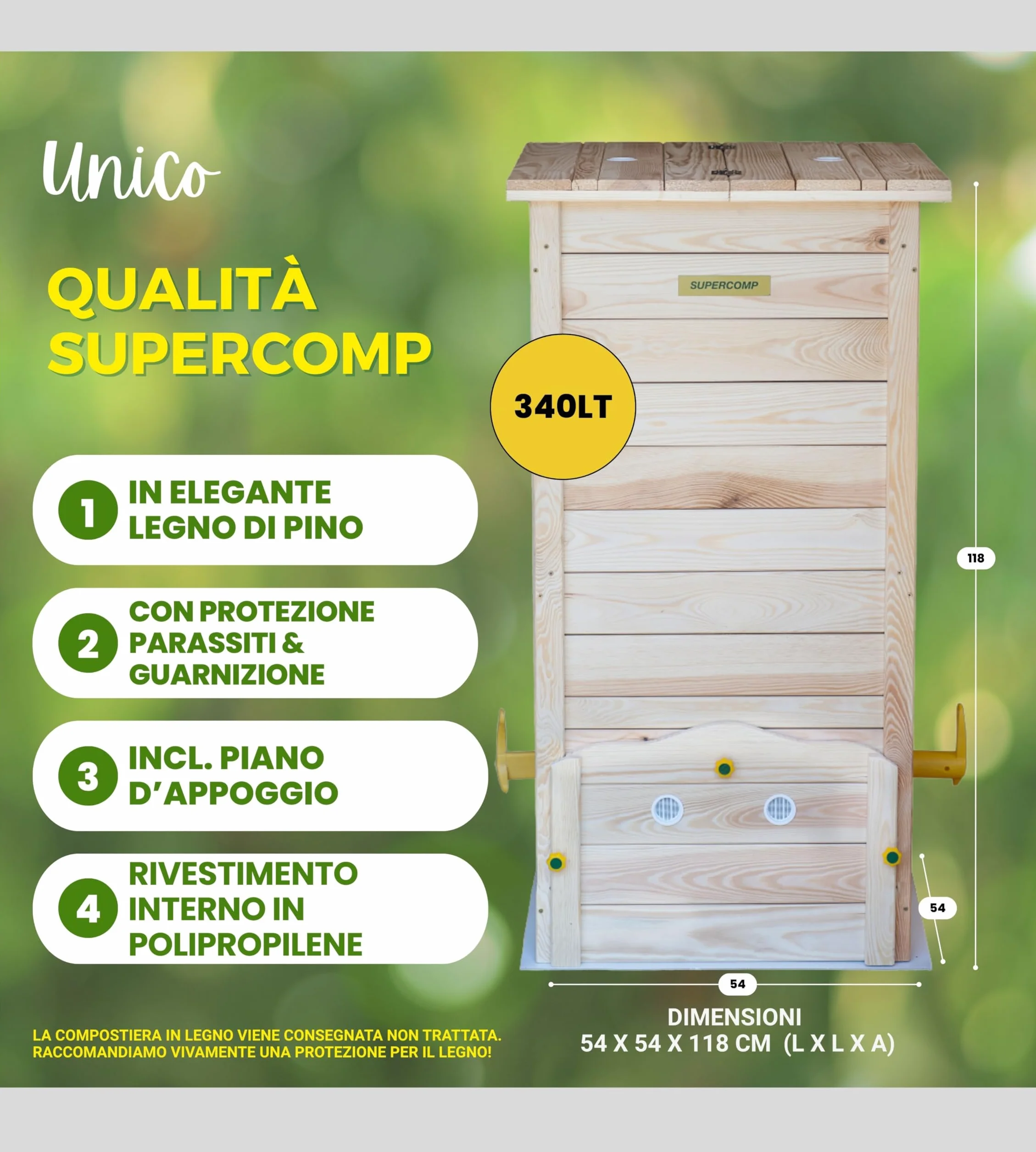 Compostiera da Giardino in Legno con Coperchio, Compostaggio facile senza Cattivi Odori e senza Rivoltamento Compost, con Sistema Anti Insetti e Dispositivo d’Aerazione, con Piano, da 340lt