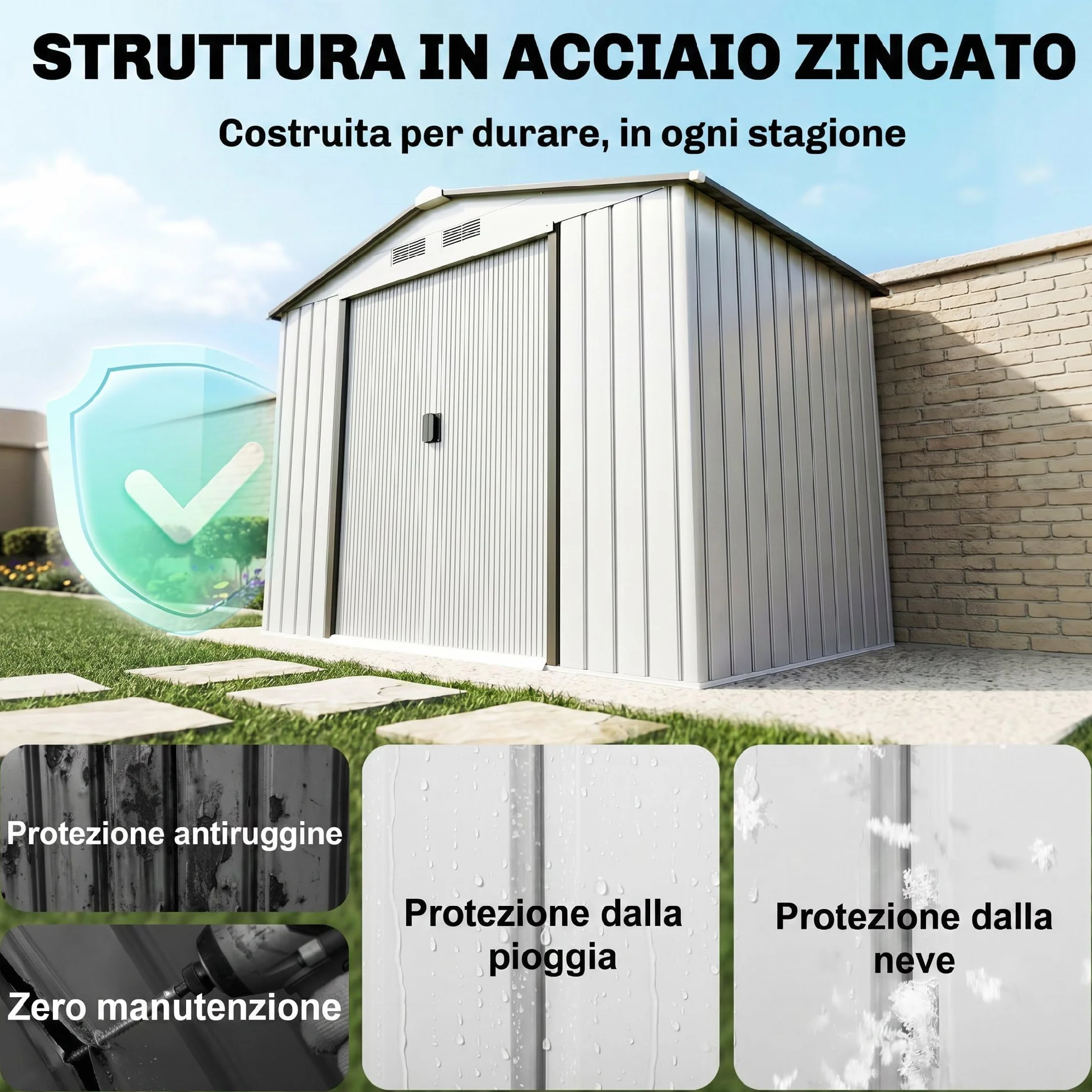 Outsunny Casetta da Giardino 2.5m² Acciaio Zincato con Basamento 213x130x185 cm Bianco Argentato
