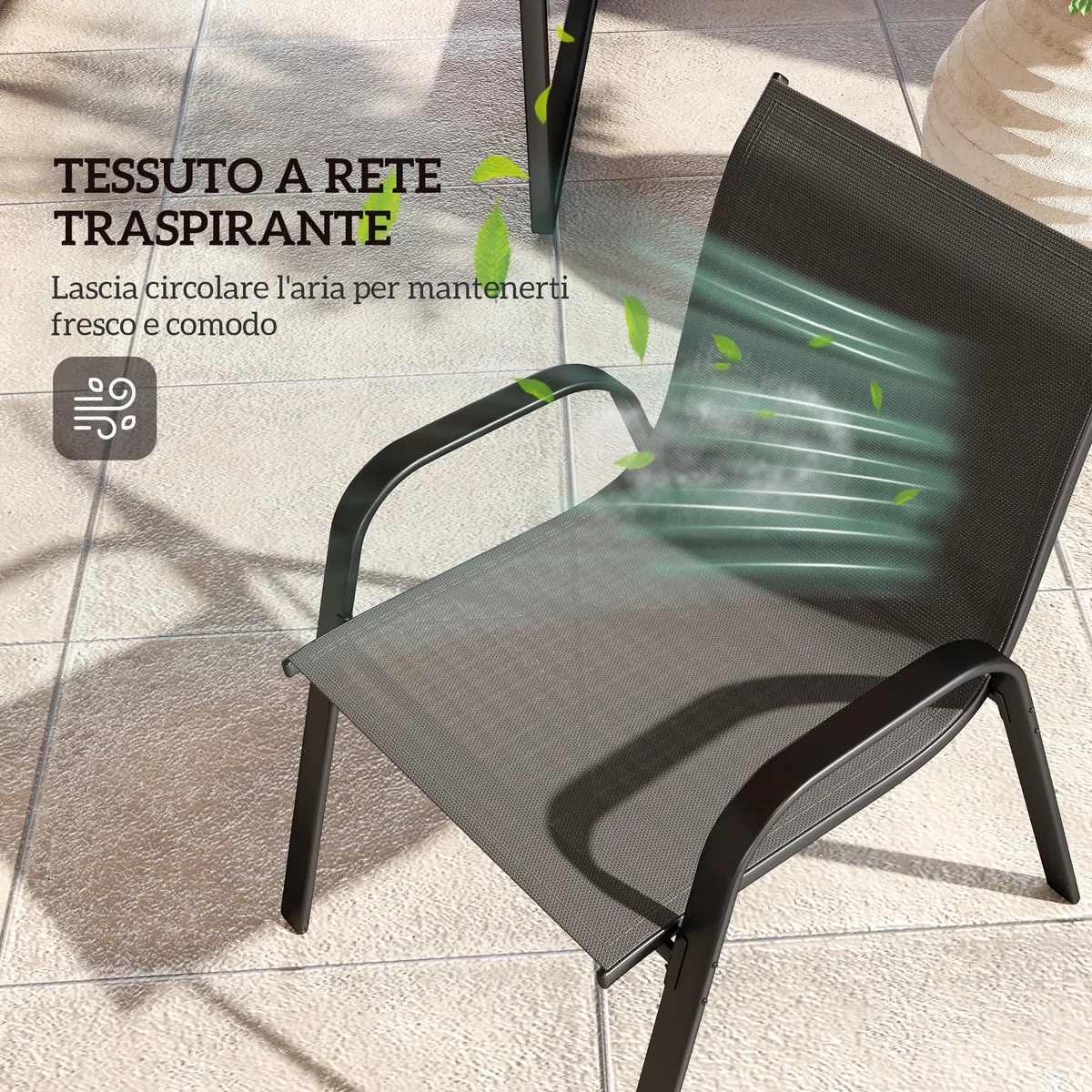 Outsunny Set Salotto da Giardino 4 Pezzi, Divanetto 2 Posti, 2 Sedie Impilabili, Tavolo Caffè Vetro, Acciaio, Texteline Nero