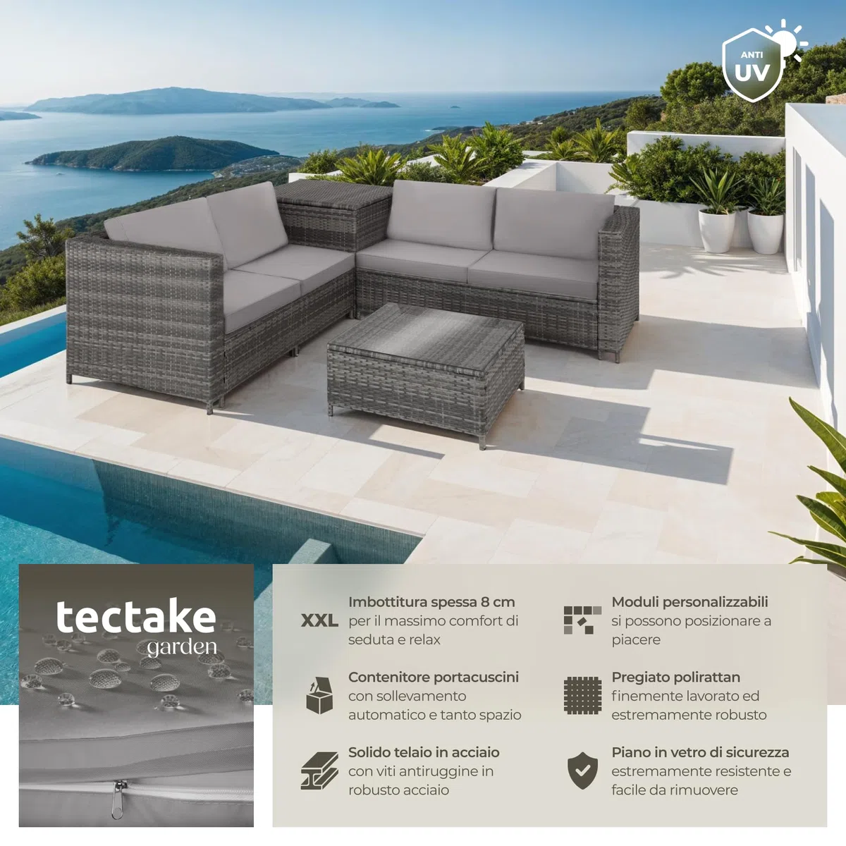 tectake® Salottino in Rattan, 2 Divani per Esterno con Cuscini, 1 Tavolo con Piano in Vetro, 1 Contenitore di Custodia, Salotto da Giardino Esterno, Salottino da Esterno - Grigio/Grigio Chiaro