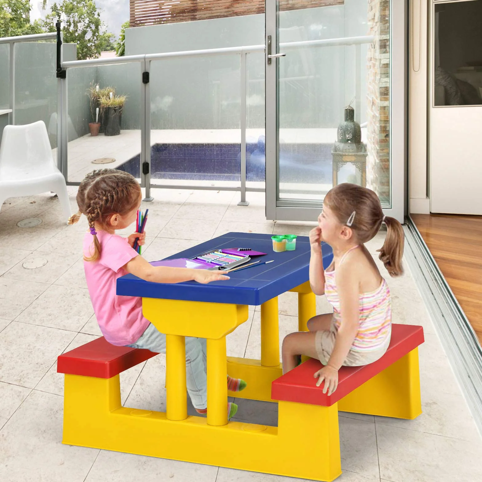 GIANTEX Tavolo da Picnic per Bambini con Parasole Pieghevole Giallo Rosso Blu