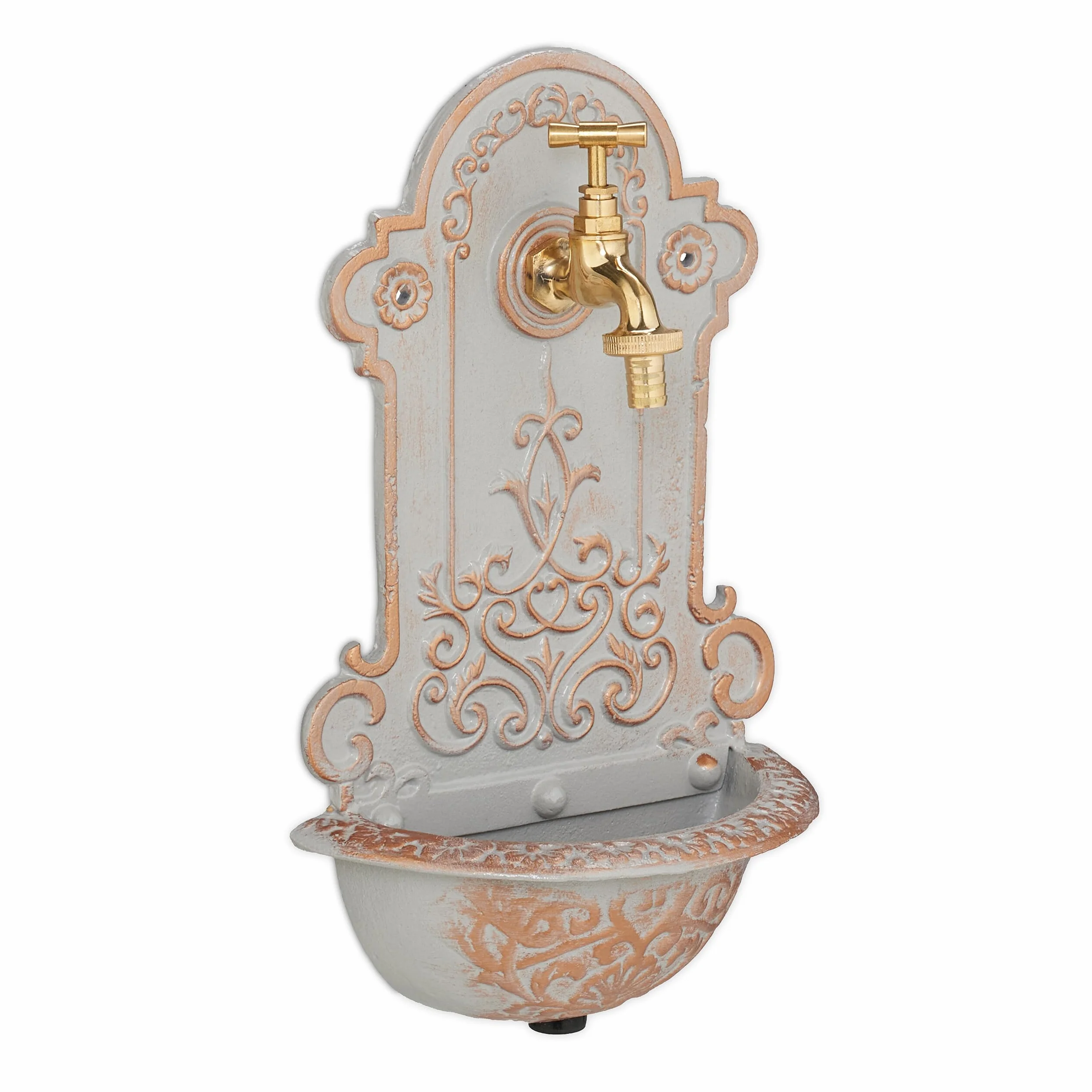 Relaxdays Fontana a Muro da Esterno, Fontanella Giardino, Vaschetta Rubinetto, Ghisa e Ottone, 36x22x10,5 cm, Oro Grigio