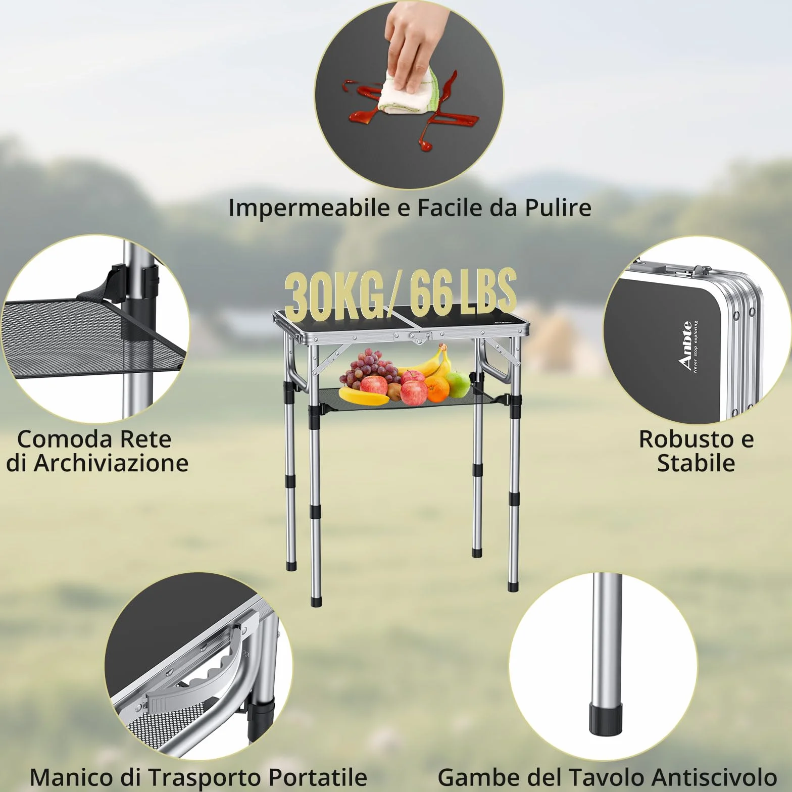 Anbte Tavolo da Campeggio Pieghevole Regolabile in Alluminio Portatile 3 Altezze con Rete di Stoccaggio Nero