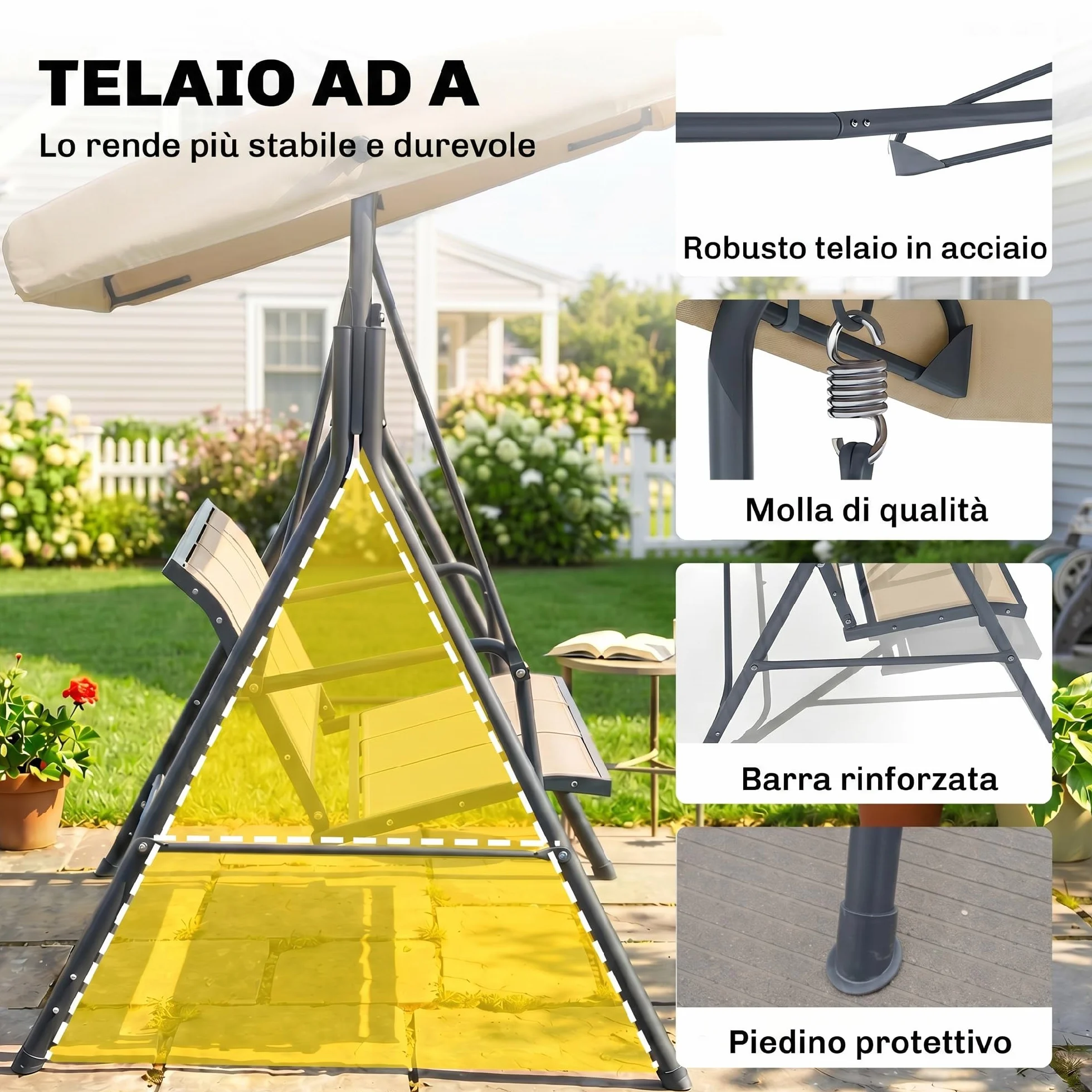Outsunny Dondolo da Giardino 3 Posti con Tettuccio Parasole Regolabile, Dondolo da Esterno con Seduta Traspirante in Poliestere e Telaio in Acciaio, Portata 200 kg, Anti UV, 175x118x159 cm, Beige