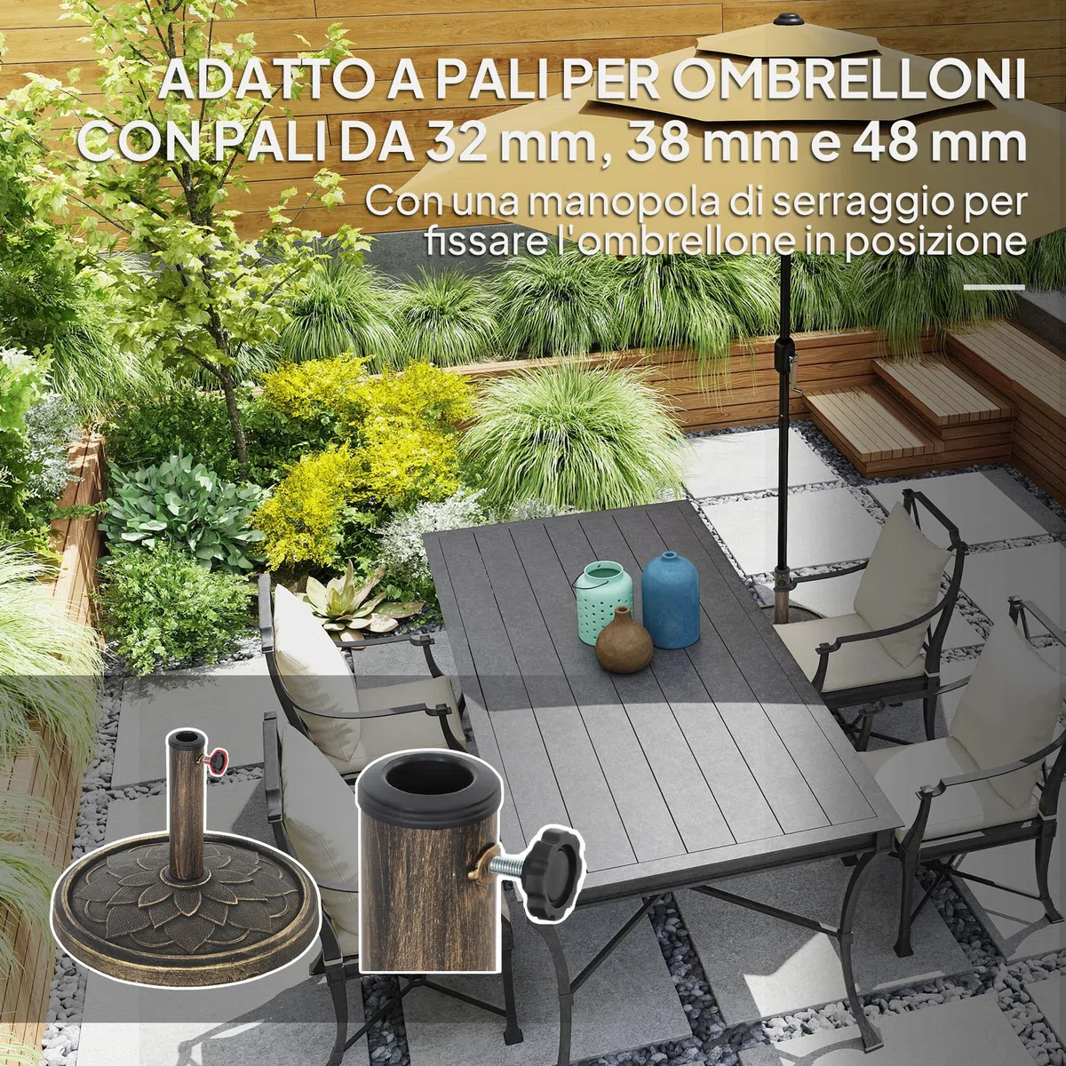 Outsunny Base per Ombrellone da 12 kg con Motivo di Fiore di Loto e Manovella Integrata, Basamento per Ombrellone in Resina, Metallo e Cemento, per Pali di Ombrelloni da Ø32/38/48 mm, Bronzo