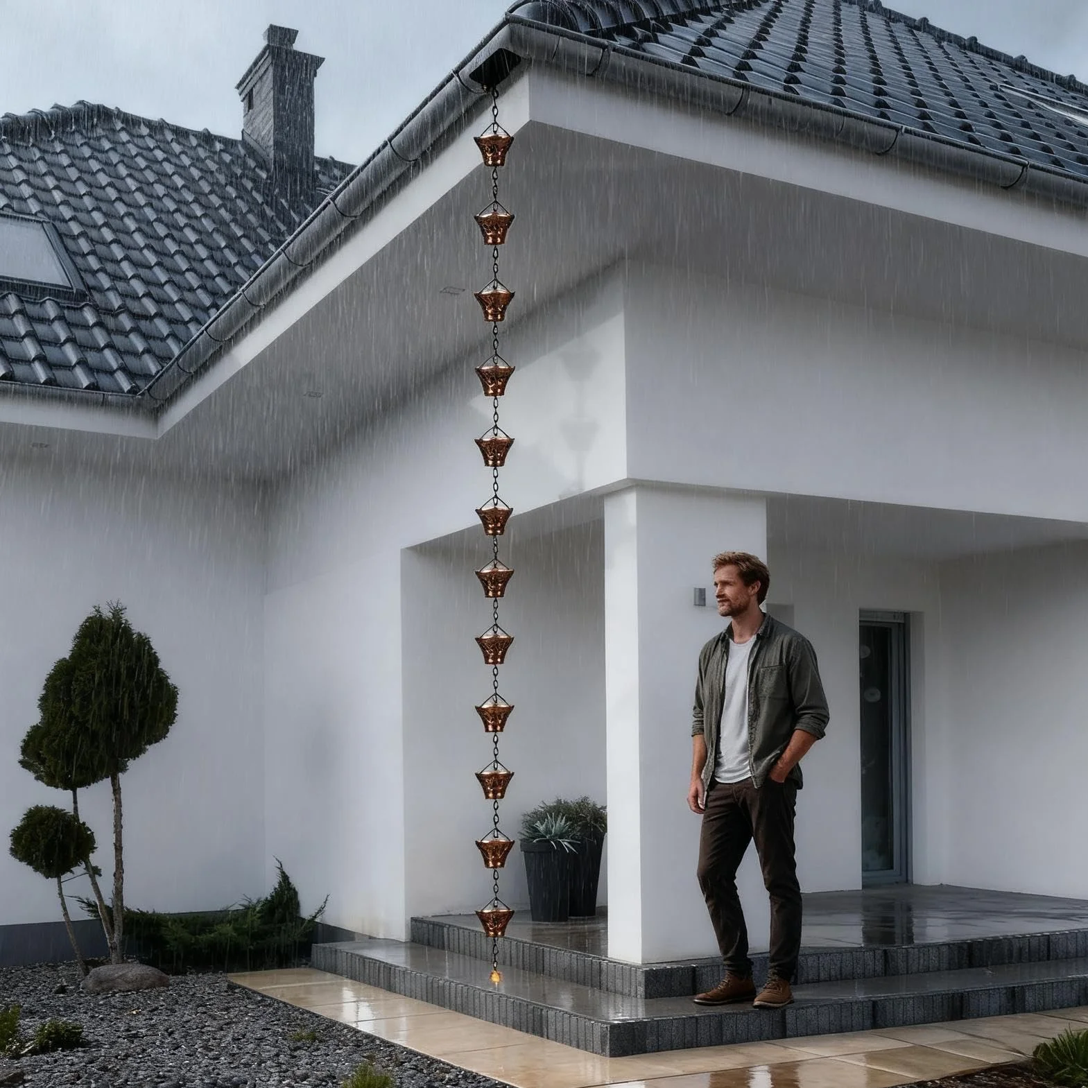 Catene da pioggia per grondaie, estensione decorativa per scarico del pluviale, 2,7 m, in rame, 12 tazze, per esterni, giardino, tetto, gazebo, albero