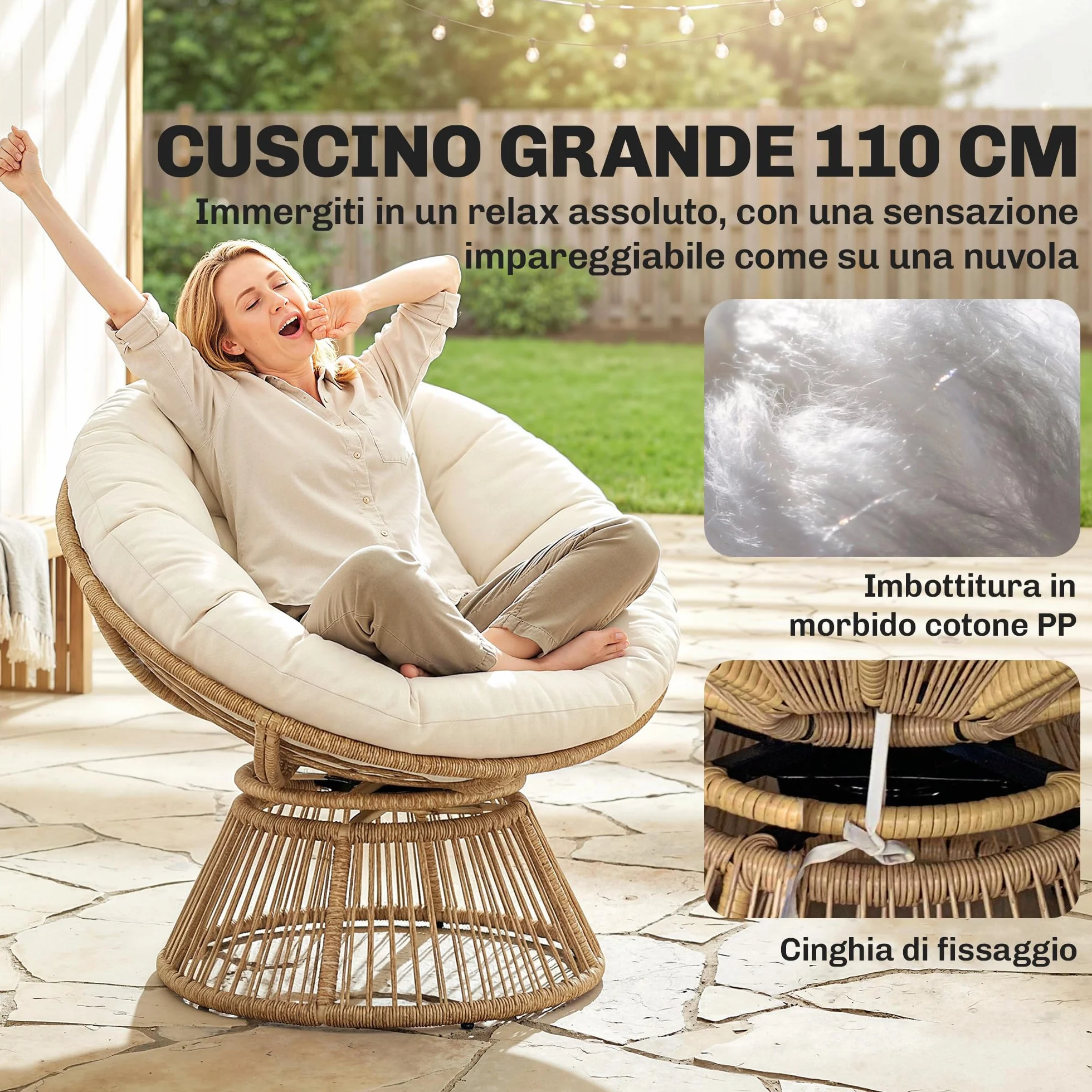 Outsunny Poltrona Papasan in Rattan Girevole a 360°, Poltrona da Giardino Girevole con Cuscino Oversize da 110 cm e Struttura in Acciaio, per Interni ed Esterni, Bianco Crema