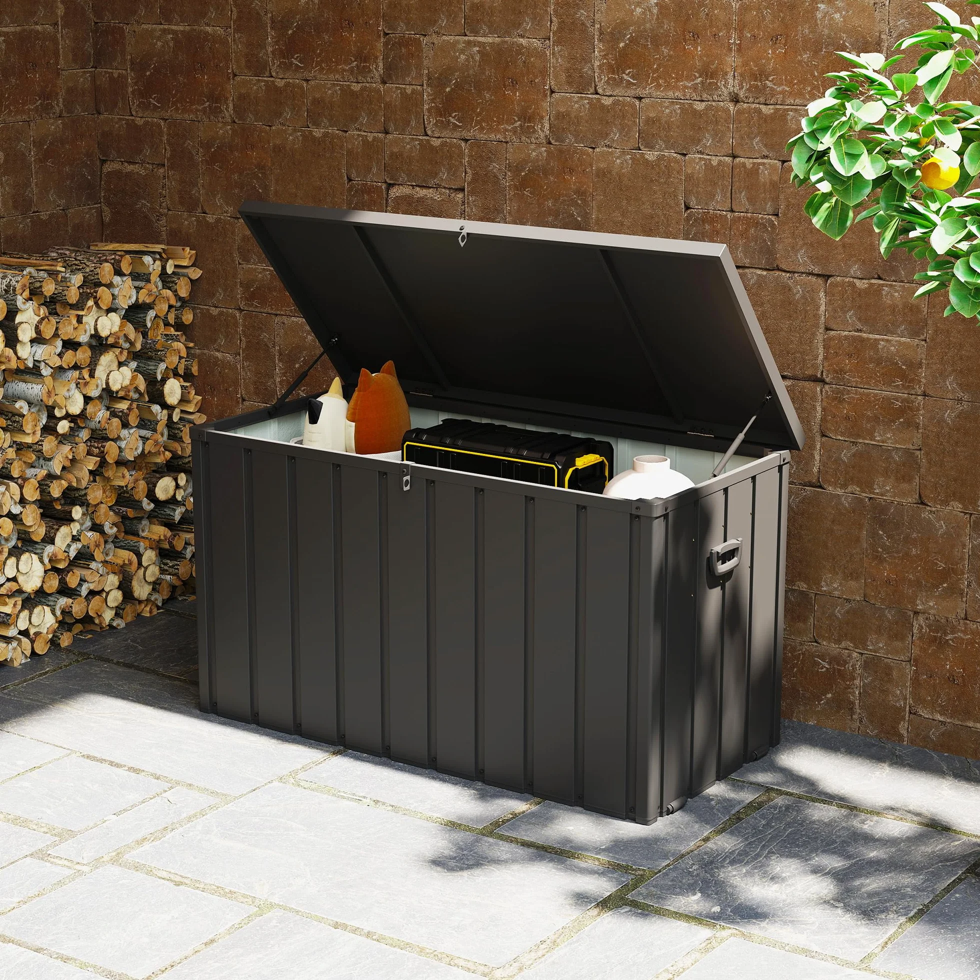 Outsunny Panca Contenitore da 450L con 4 Rotelle, Acciaio e PP, 125.5x61.5x70 cm, Grigio Scuro