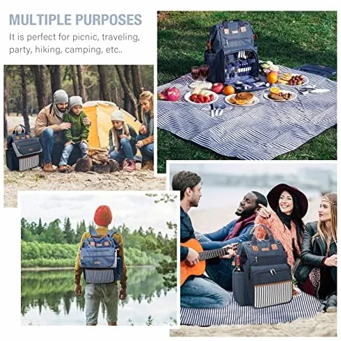 Zaino da picnic grande capacità 4 piatti scomparto termico 22,9 cm manico legno posate coperta impermeabile blu navy