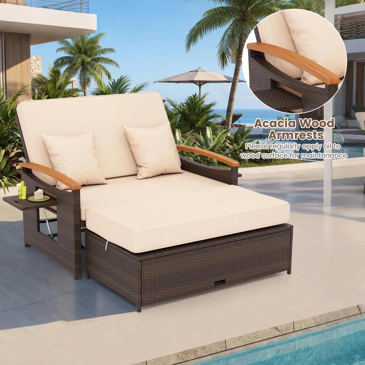 GIANTEX Divano da Giardino in Rattan a 2 Posti con Funzione Allungata, Set di Mobili in Rattan con Sgabello, Doppia Sedia a Sdraio per 2 Persone, 3 Colori (Cuscino Beige)