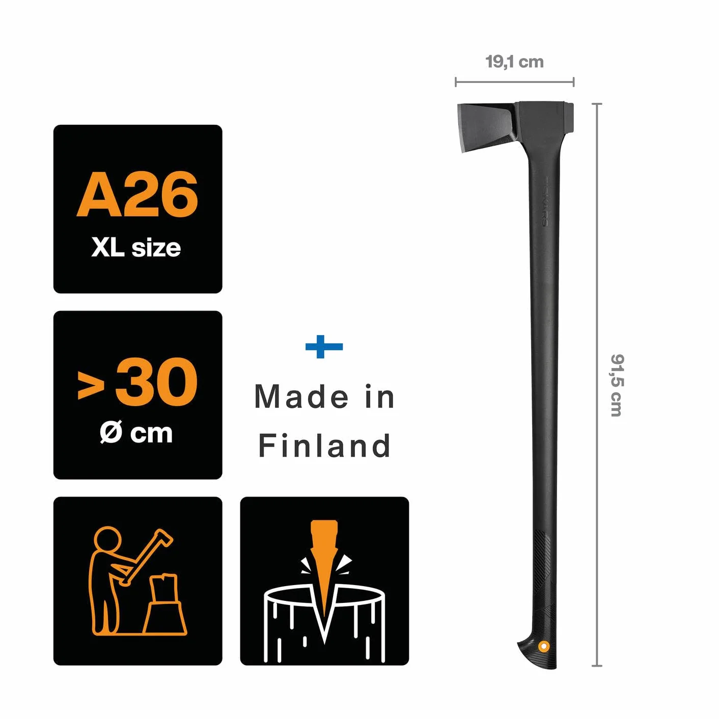 Fiskars Ascia da Spacco XL Solid 92 cm, Lama Acciaio, Manico Plastica Fibra Vetro, Nero/Arancione