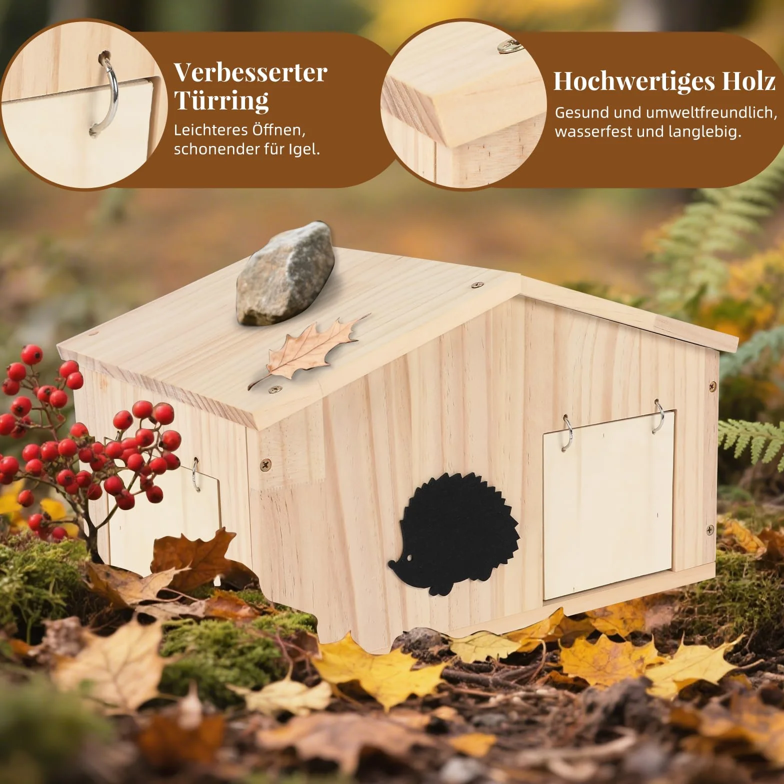 Casetta per ricci in legno con patta in rattan e fondo, resistente all'inverno, con ingresso labirinto e tetto inclinato, casa per riccio a prova di gatti, per giardino, cortile, esterno
