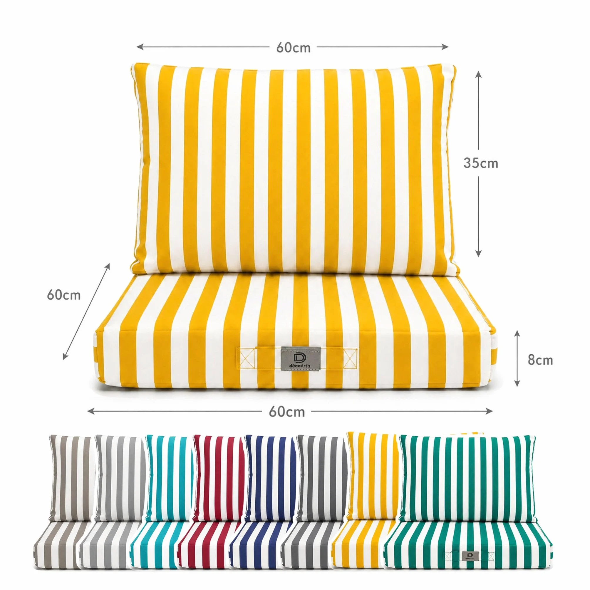 Déco Arts — Set di 2 Cuscini Sfoderabili Salotto Giardino 60x60 — Seduta 60x60 + Schienale 60x35 cm — Impermeabile Anti-UV — Ricambio Mobili Giardino Terrazzo Balcone Veranda — A Righe Gialle