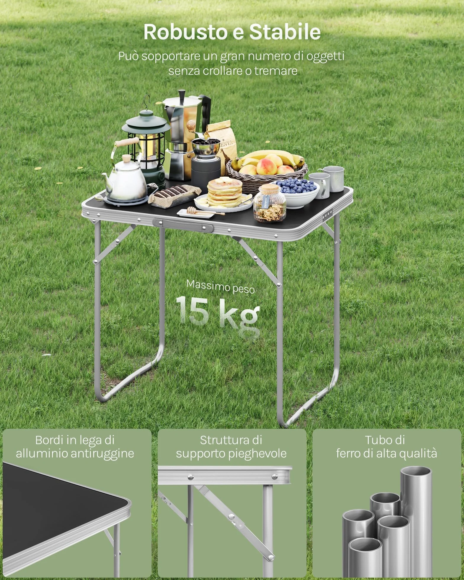 WOLTU Tavolo Campeggio Pieghevole in Alluminio e MDF 70x60x50 cm Nero