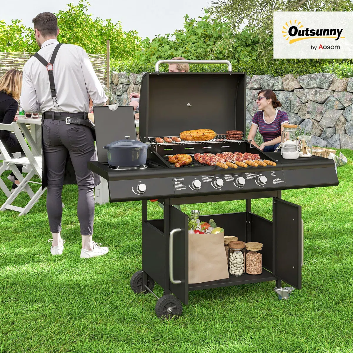Outsunny Barbecue a Gas 4+1 Bruciatori 15.2 KW Acciaio PP con Ruote Armadietto Termometro Nero