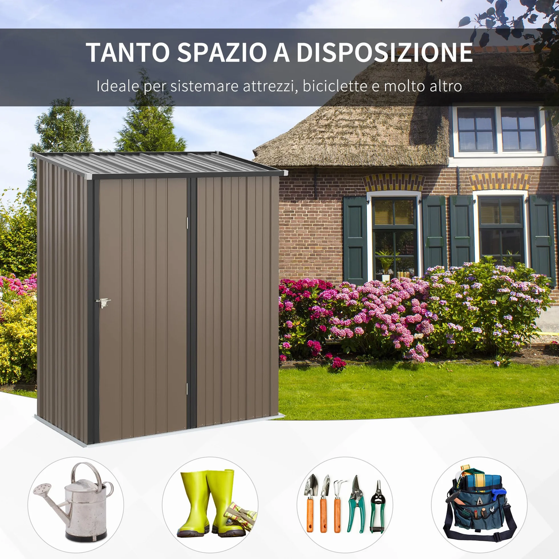 Outsunny Casetta da Giardino 1.34m² Acciaio Zincato Capanno Porta Attrezzi 161.5x94.5x196cm Marrone