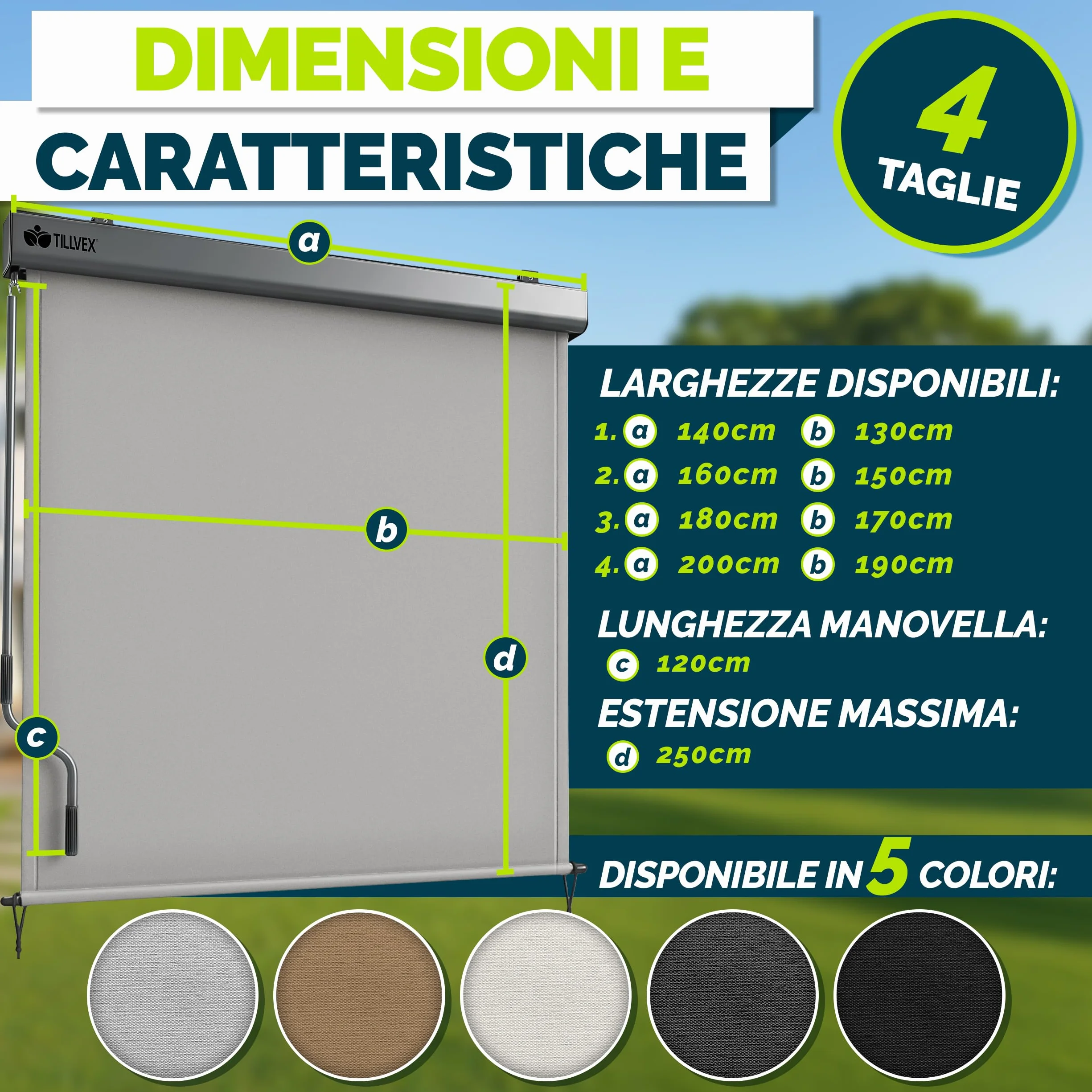 Tillvex Tenda da sole verticale 200 x 250 cm impermeabile con manovola in alluminio per balcone terrazza giardino