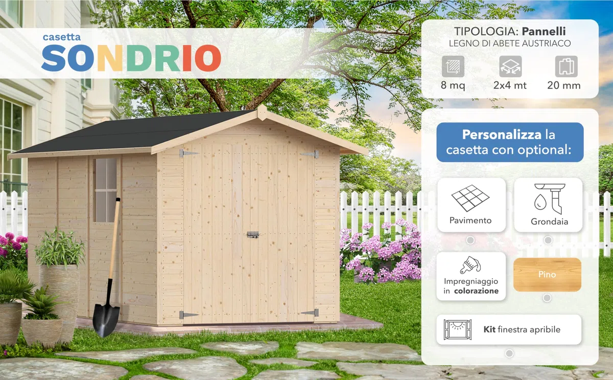 Casetta da giardino in legno per esterno 2Mq 200x400 20mm MADE IN ITALY mod. SONDRIO (Con Grondaia, Kit 2 Finestre Apribili)