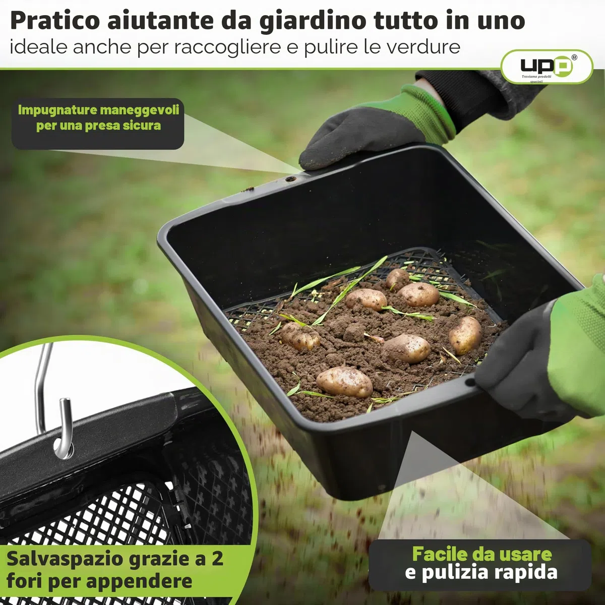 UPP 2-in-1 Setaccio da Giardinaggio 10mm 4mm Maglia Intercambiabile 39,5x29x11 cm Nero